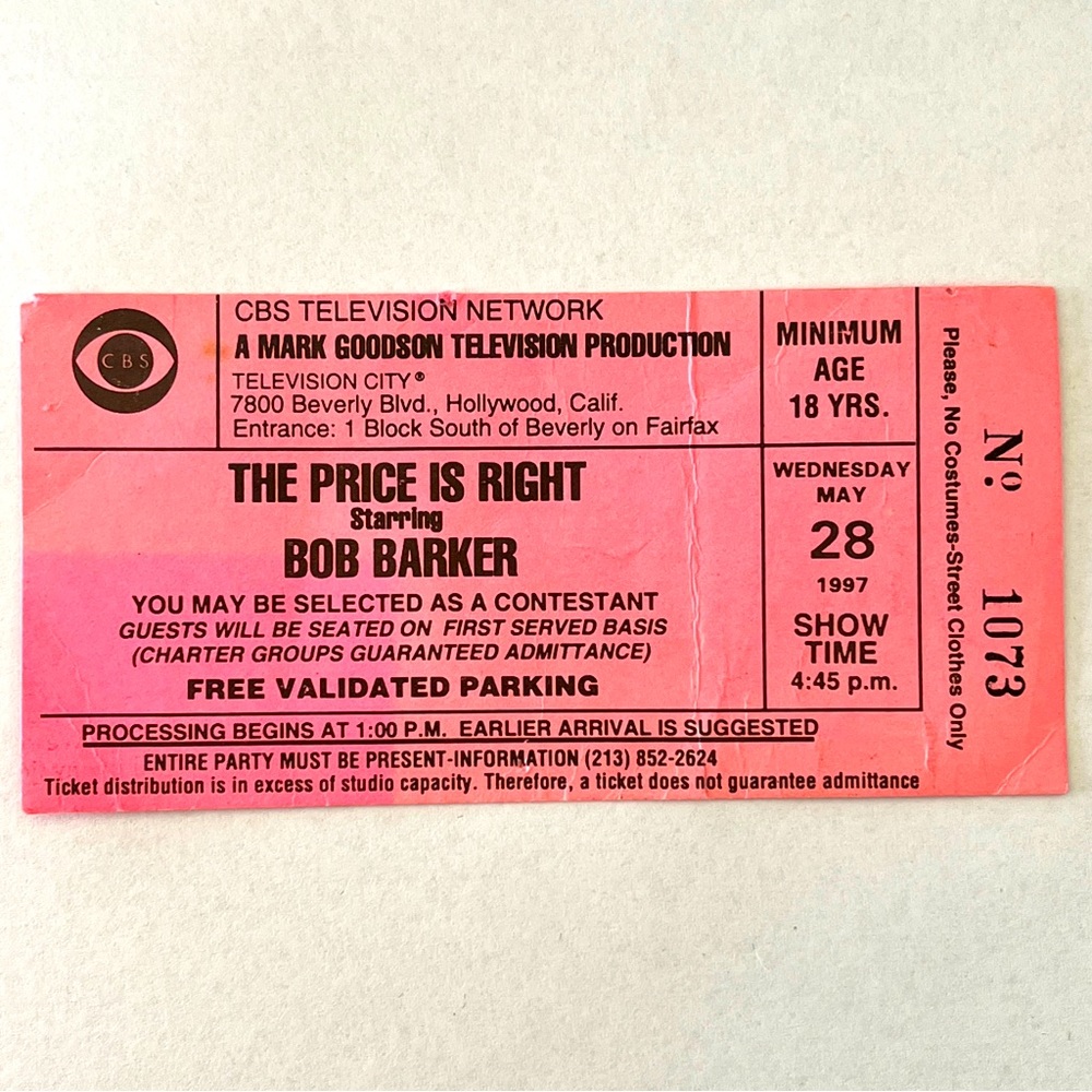 The Price is Right starring Bob Barker Original 1997 Ticket